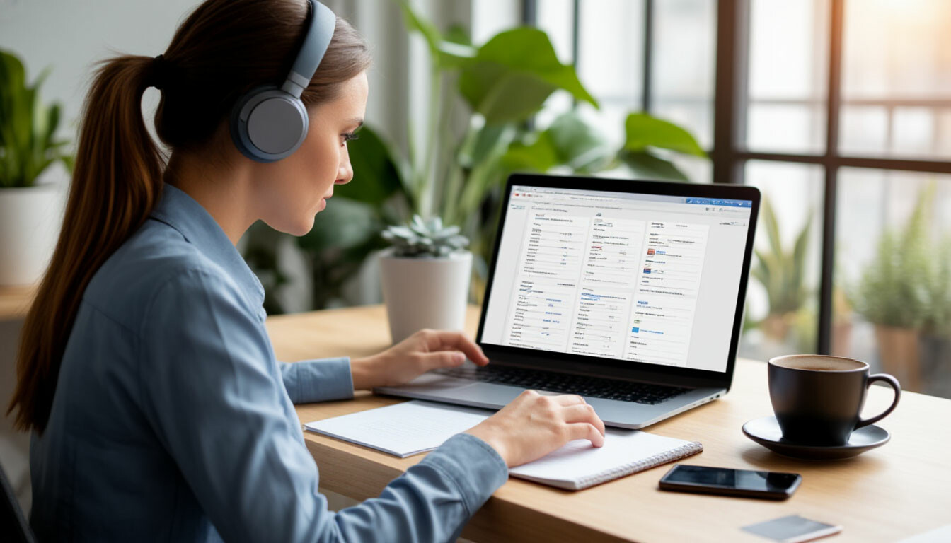 Реалистичное фото: деловая женщина в наушниках работает за ноутбуком, на экране — список задач в Trello и Zoom с коллегами. На столе: блокнот с перечеркнутыми пунктами, чашка кофе, смартфон. Естественный свет, размытый офисный фон, фокус на продуктивности.