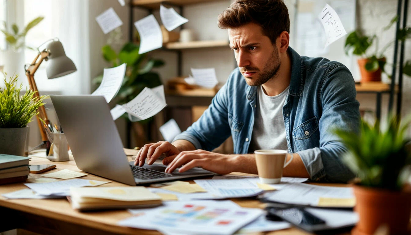 Фото: человек работает за ноутбуком дома, на экране виден список задач и календарь. На столе: чашка кофе, блокнот с ручкой, смартфон. Естественное освещение, уютная домашняя атмосфера с легким творческим беспорядком.