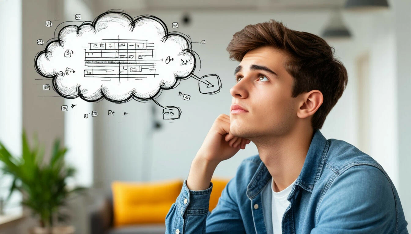 Фото: бизнес-процесс на интерактивной доске - схема принятия решений с ветвящимися вариантами, стрелками и стикерами. Рука указывает на один из вариантов. На заднем плане: ноутбук, блокнот с заметками и чашка кофе.