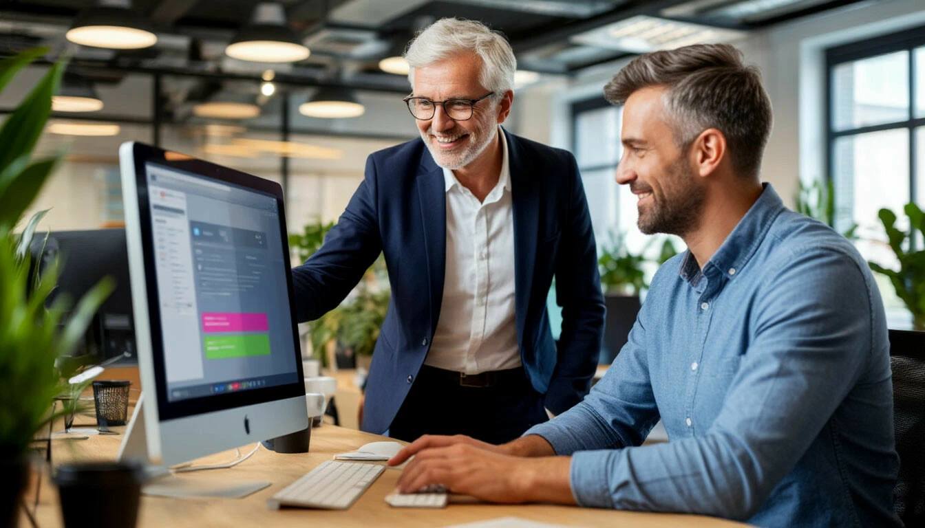 Фото: сотрудник изучает интерактивную доску онбординга на ноутбуке. На экране видна структура адаптации с блоками: приветствие, чек-листы, контакты. На заднем плане: офисное пространство с коллегами.