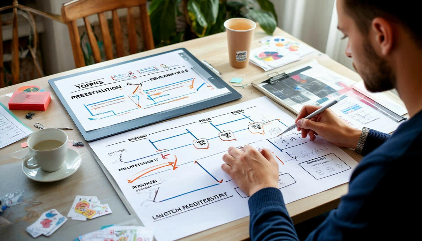 Фото: ноутбук с открытой онлайн-доской, где видна схема подготовки вебинара с блоками: контент, техническая часть, продвижение. На столе: стикеры с заметками, чашка кофе, беспроводная гарнитура. Естественное освещение.