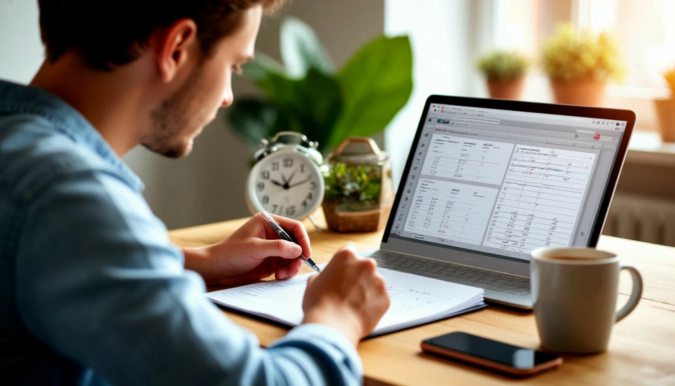 Фото: утренний ритуал с ноутбуком - на экране открыта онлайн-доска с планом дня, разбитым на цветные блоки. На столе: чашка свежего кофе, блокнот и ручка. Естественный свет из окна.