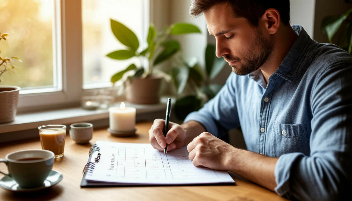 Фото: ноутбук с открытой онлайн-доской, где визуализирован недельный план с цветными блоками по дням. На столе: ежедневник, маркеры, чашка чая. Уютная рабочая атмосфера.