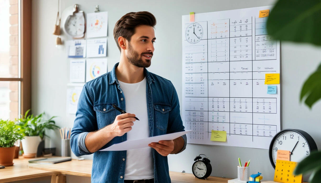 Фото: руки на клавиатуре ноутбука, на экране - онлайн-доска с цветными временными блоками и задачами. На заднем плане: чашка кофе, ежедневник с цветными вкладками. Естественное освещение, фокус на организации времени.